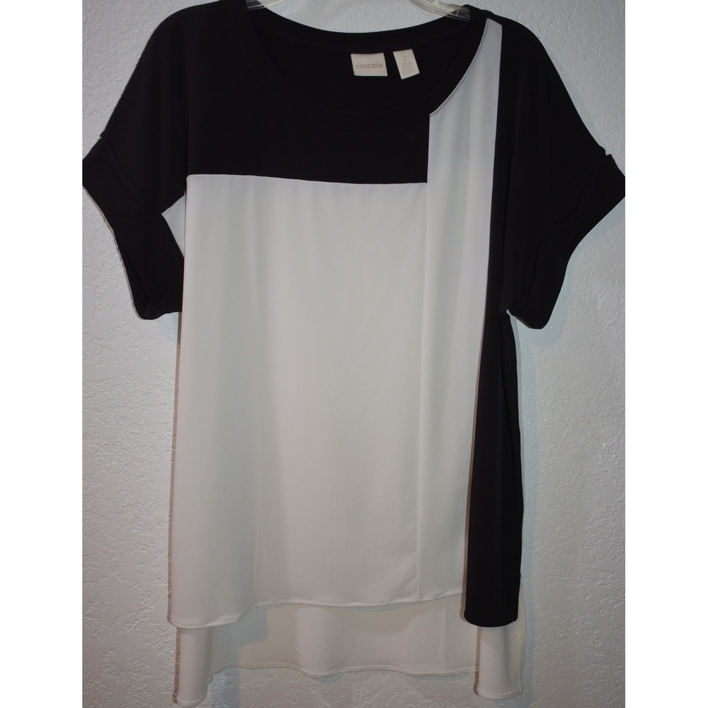 Chicos 2/Large Colorblock Top High/Low Blouse BlackWhite Comfy Stretch Short Slv